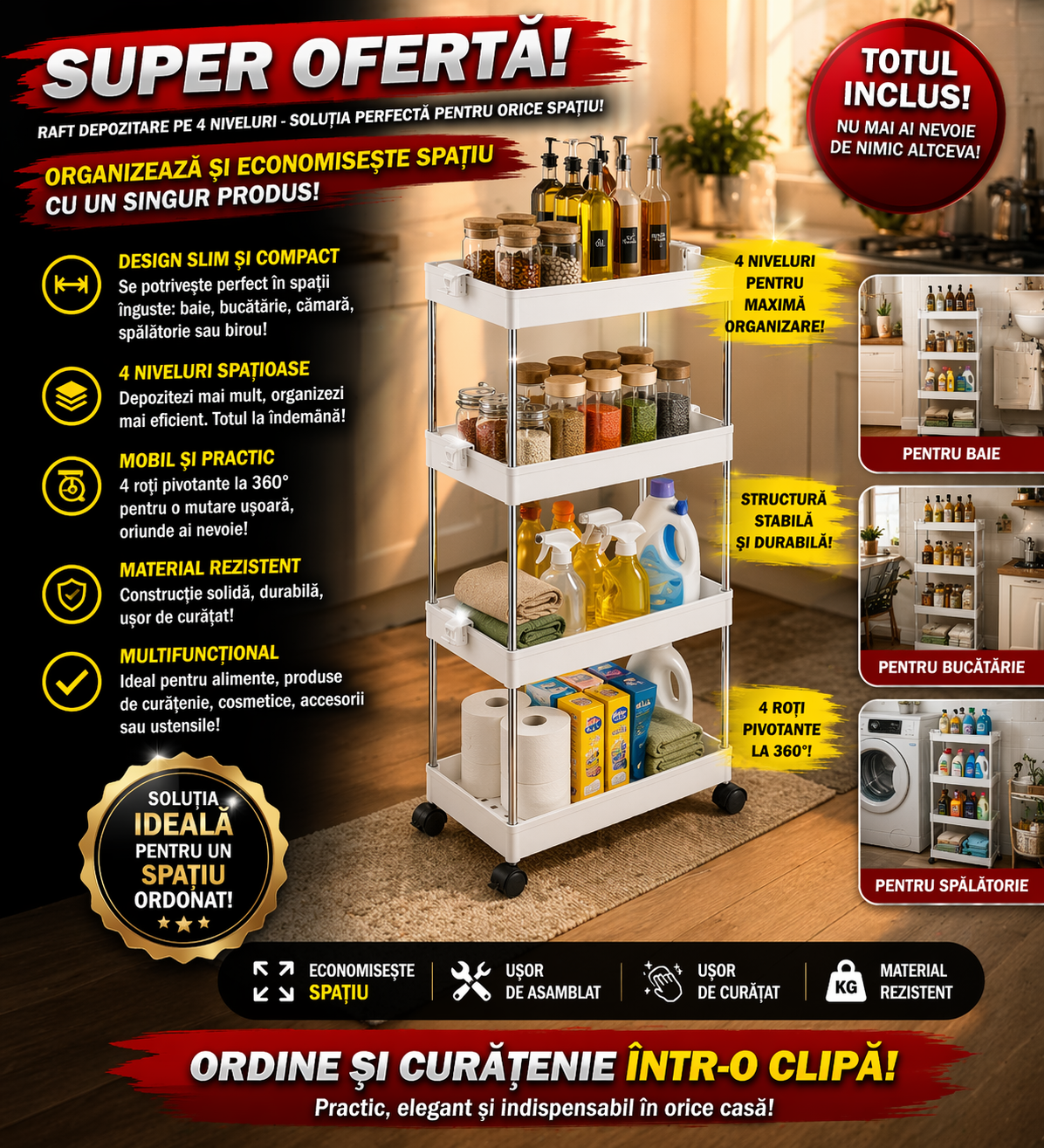 Suport Depozitare cu 4 Rafturi Tip Carucior pentru Baie sau Bucatarie