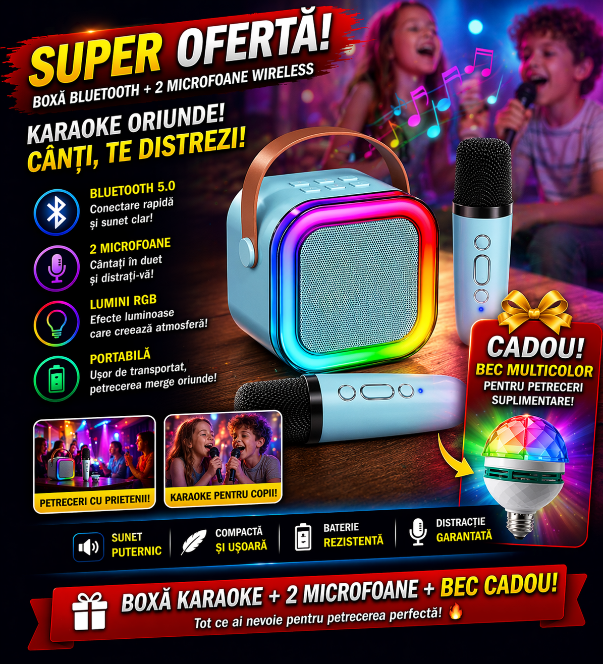 Set Boxa Karaoke cu 2 Microfoane Wireless, Bluetooth