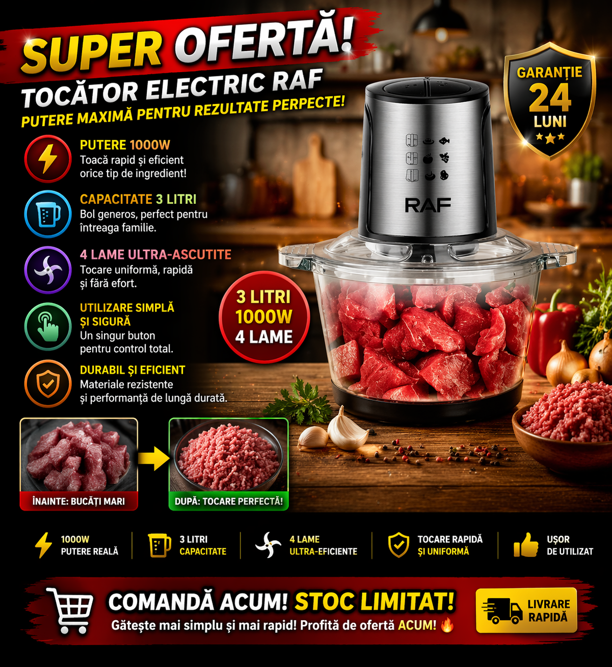 Tocator Electric RAF, Bol Din Inox, 4 Lame, Capacitate 3L, 1000W