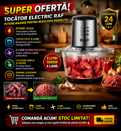 Tocator Electric RAF, Bol Din Inox, 4 Lame, Capacitate 3L, 1000W