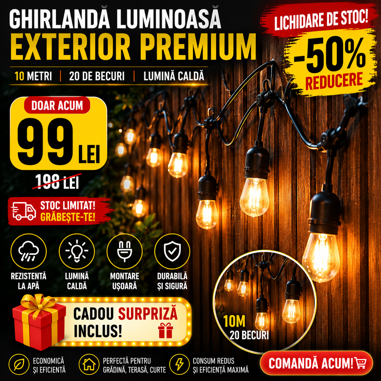 Ghirlanda cu Becuri Luminoase 10 Metri - 20 Becuri