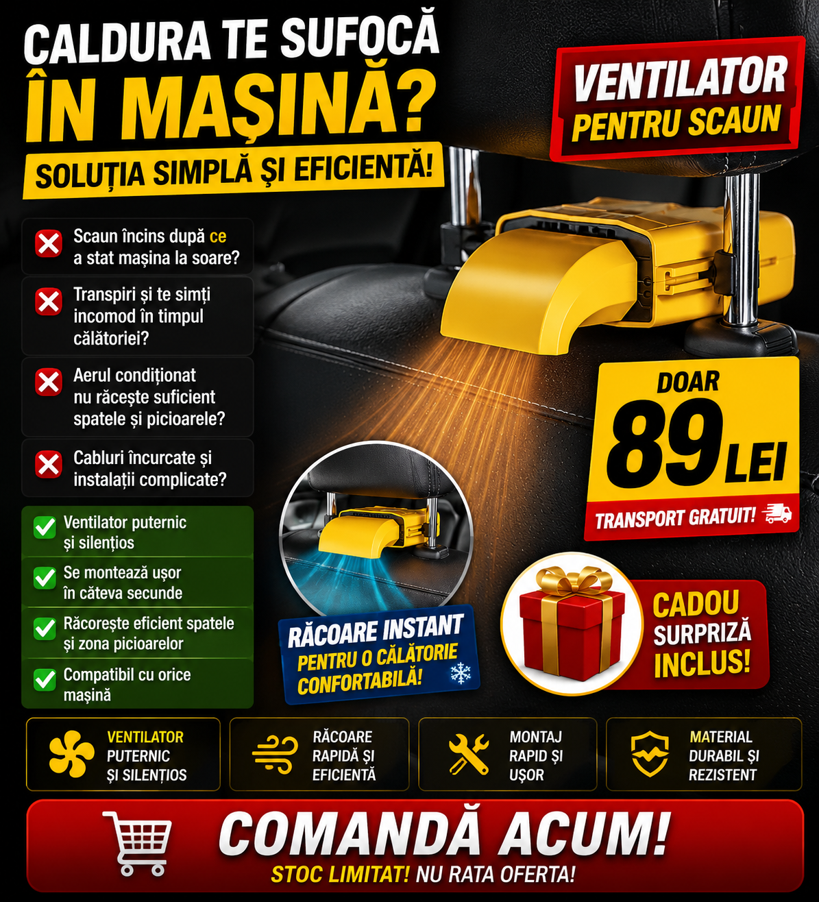 Ventilator Auto pentru Scaun cu 3 viteze, Alimentare Bricheta, Cablu 1.8m