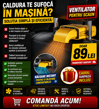 Ventilator Auto pentru Scaun cu 3 viteze, Alimentare Bricheta, Cablu 1.8m