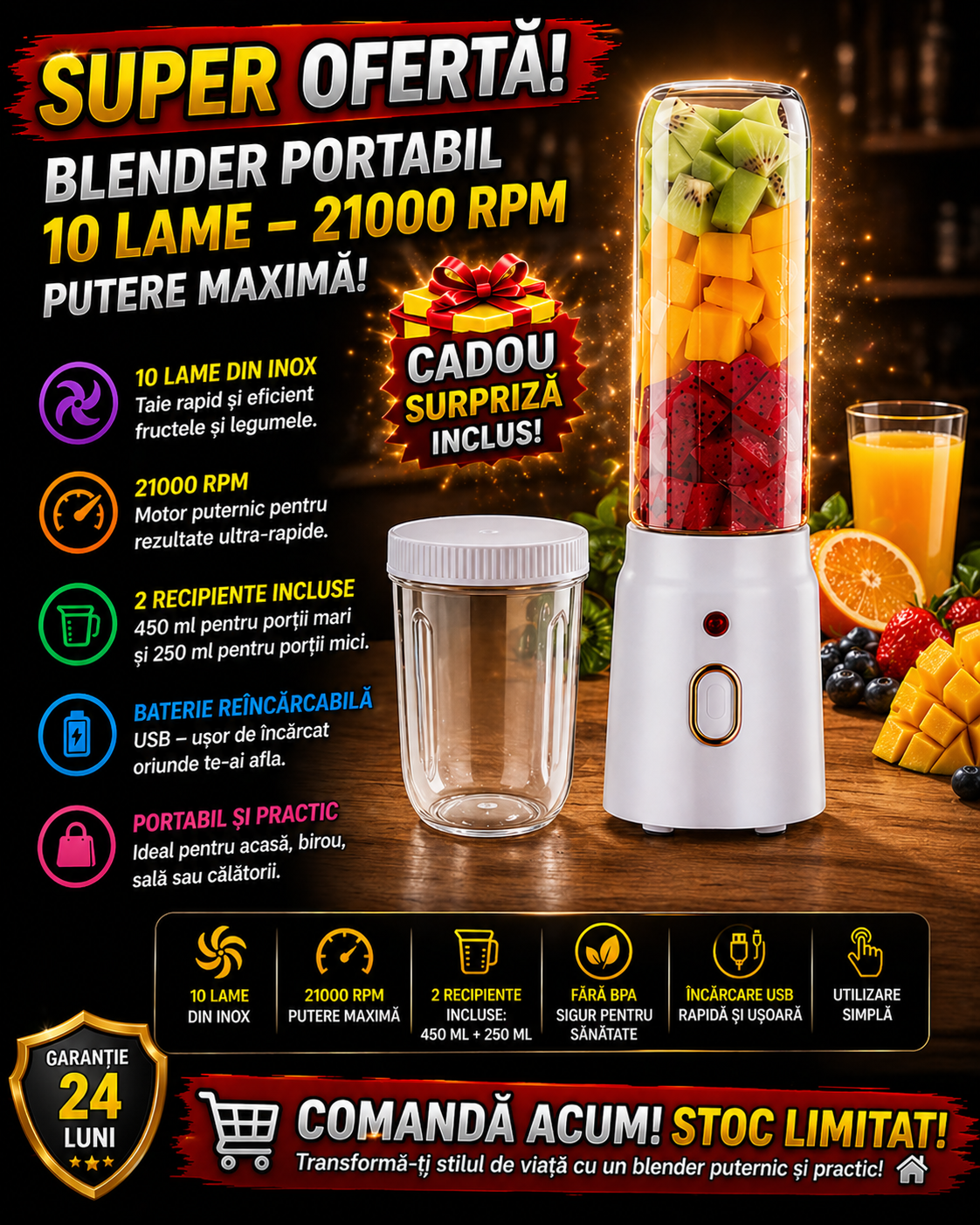 Mini Blender Portabil cu 2 Recipiente ( 450 ml + 250 ml )