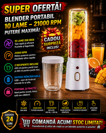 Mini Blender Portabil cu 2 Recipiente ( 450 ml + 250 ml )