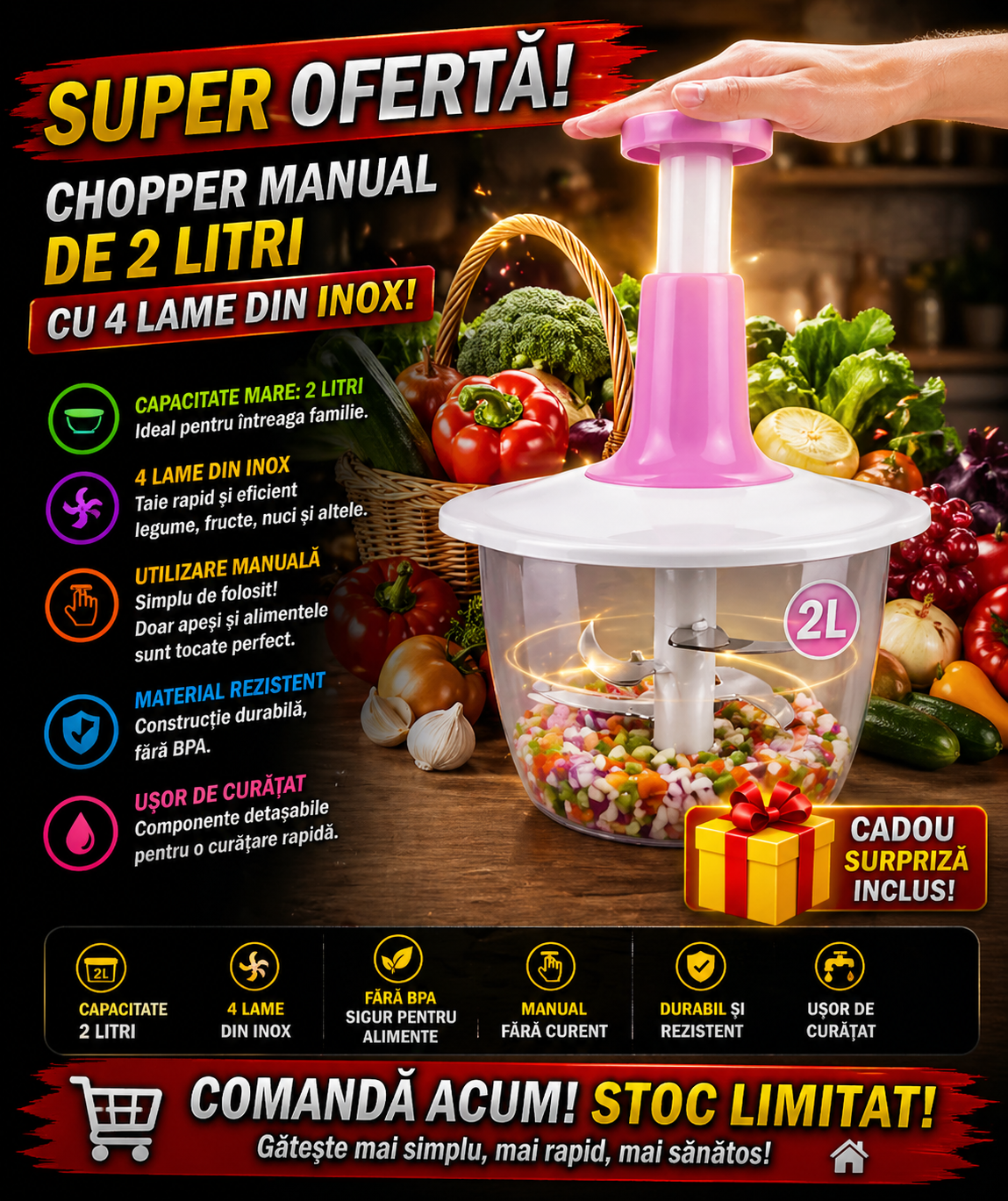 Tocator Manual cu 4 Lame direct Montate Pentru Legume si Carne, 2L