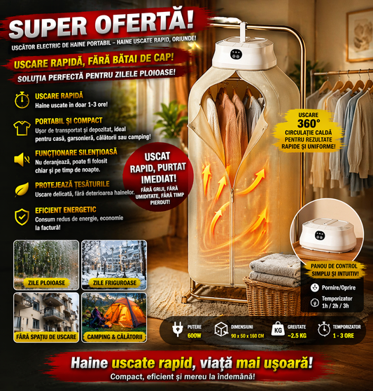 Uscator de Haine Electric, Pliabil, Portabil, Uscare Rapida, Circulatie cu Aer Cald la 360°