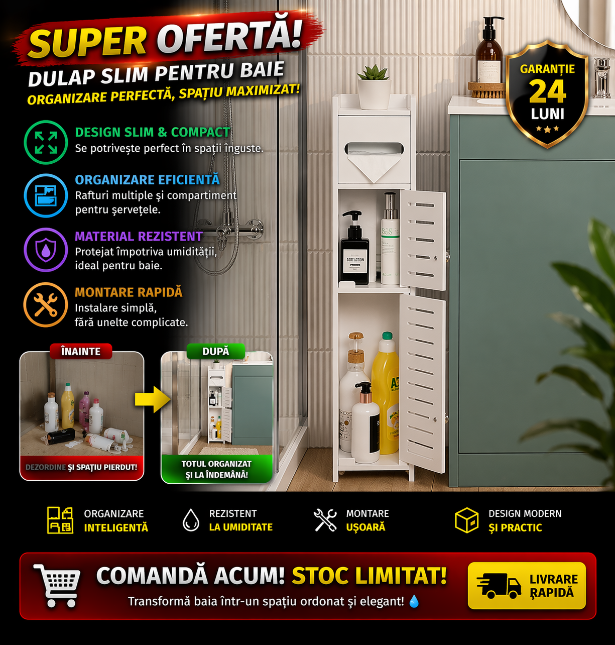 Dulap pentru Baie cu Suport de Hartie