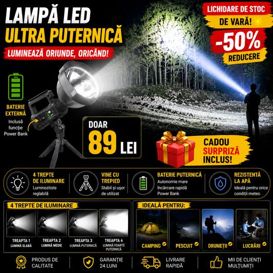 Lanterna Profesionala cu Trepied, Raza de actiune 800 M, 4 moduri de iluminare, Functie Powerbank