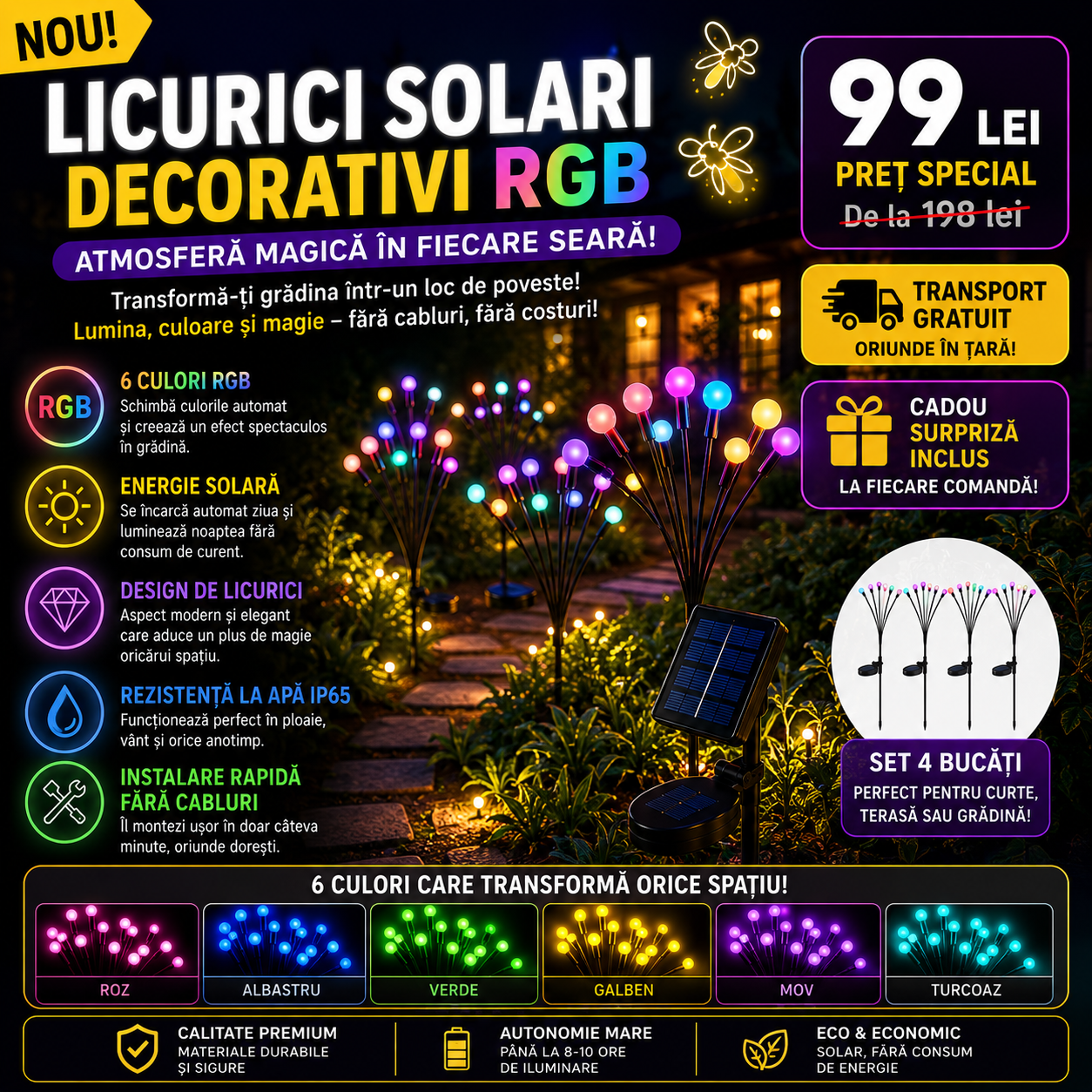 SET 4 Licurici Solari Decorativi pentru Gradina Magica