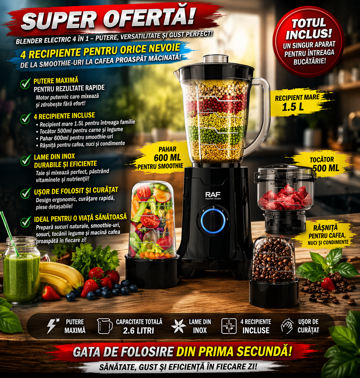 Blender Profesional Multifuncțional 4 în 1 - 19.000 RPM 400W