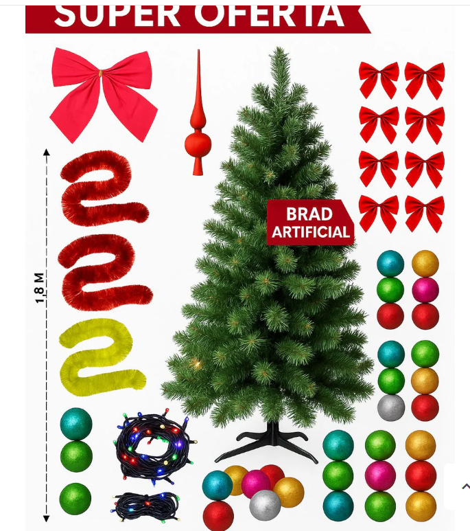 Brad artificial Crăciun 1.80 m + 45 Decorațiuni + Instalație LED 10 m