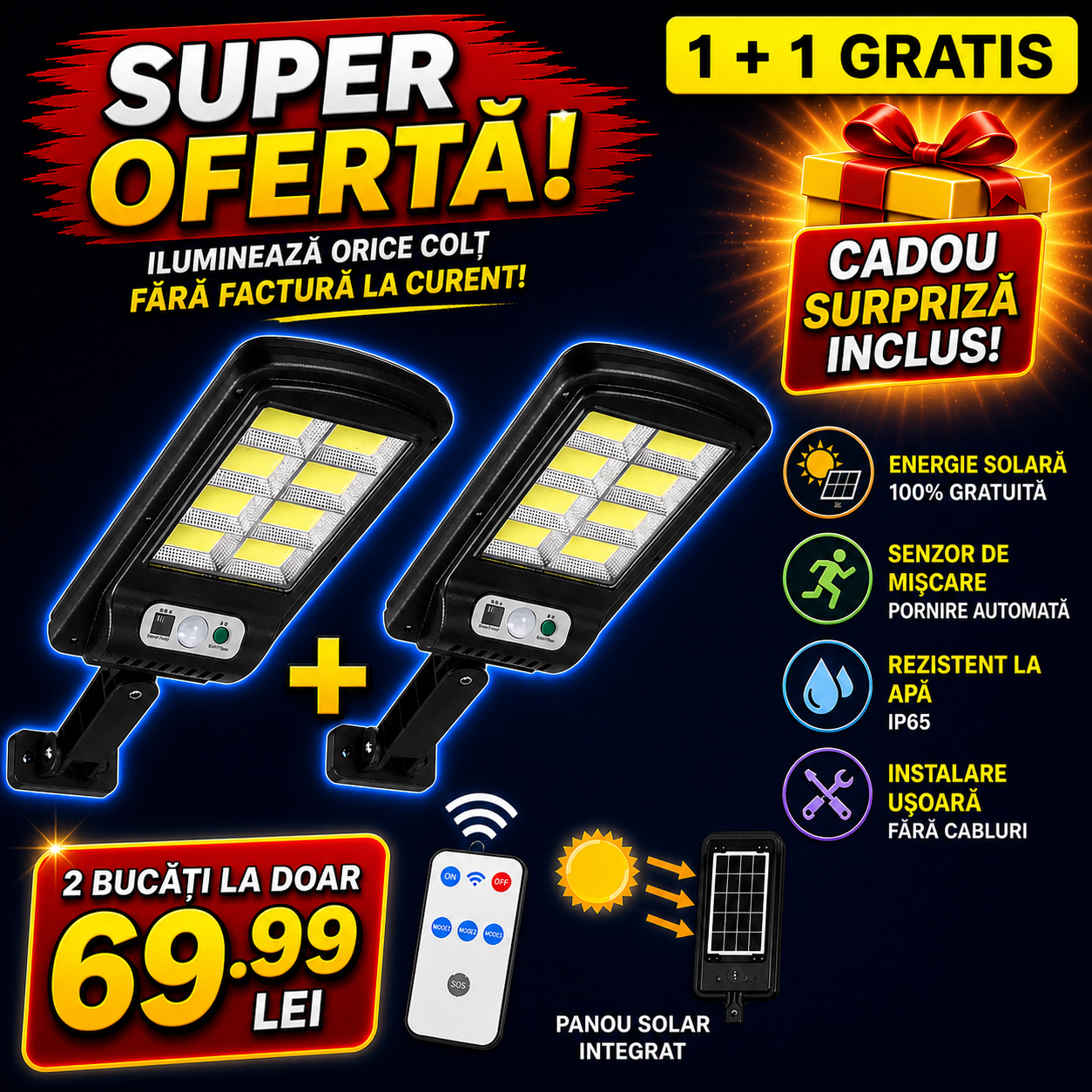 OFERTA 1+1 LAMPI SOLARE 8 CADRANE + TELECOMANDA