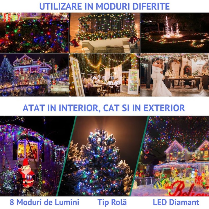 OFERTA 1+1 GRATIS Instalatie De Craciun Tip Rola 100 M, 8 Jocuri De Lumini, Interior/ Exterior